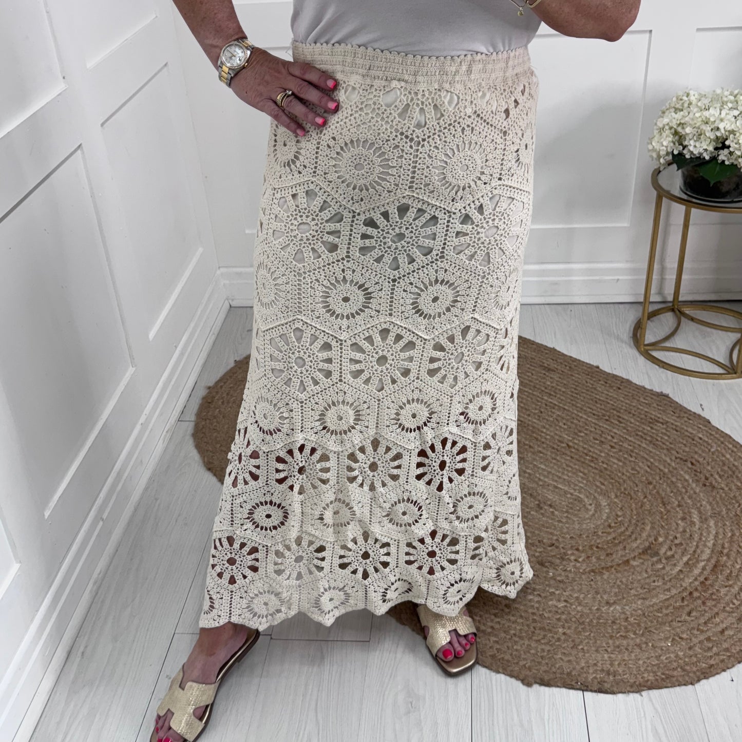Meidi: Cream crochet maxi skirt. One size: 8-16