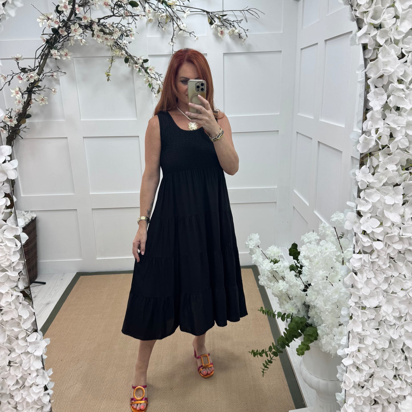 Melody: Black shirred midi dress. One size: 12-18