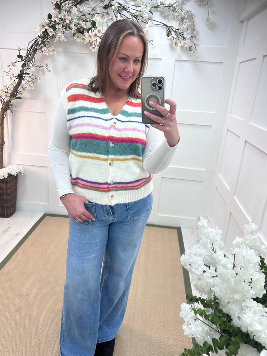 Lyla: Multicoloured stripe knit waistcoat. 2 sizes.