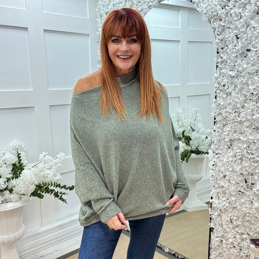 Erica: Khaki asymmetrical slouch soft knit top. One size 10-18