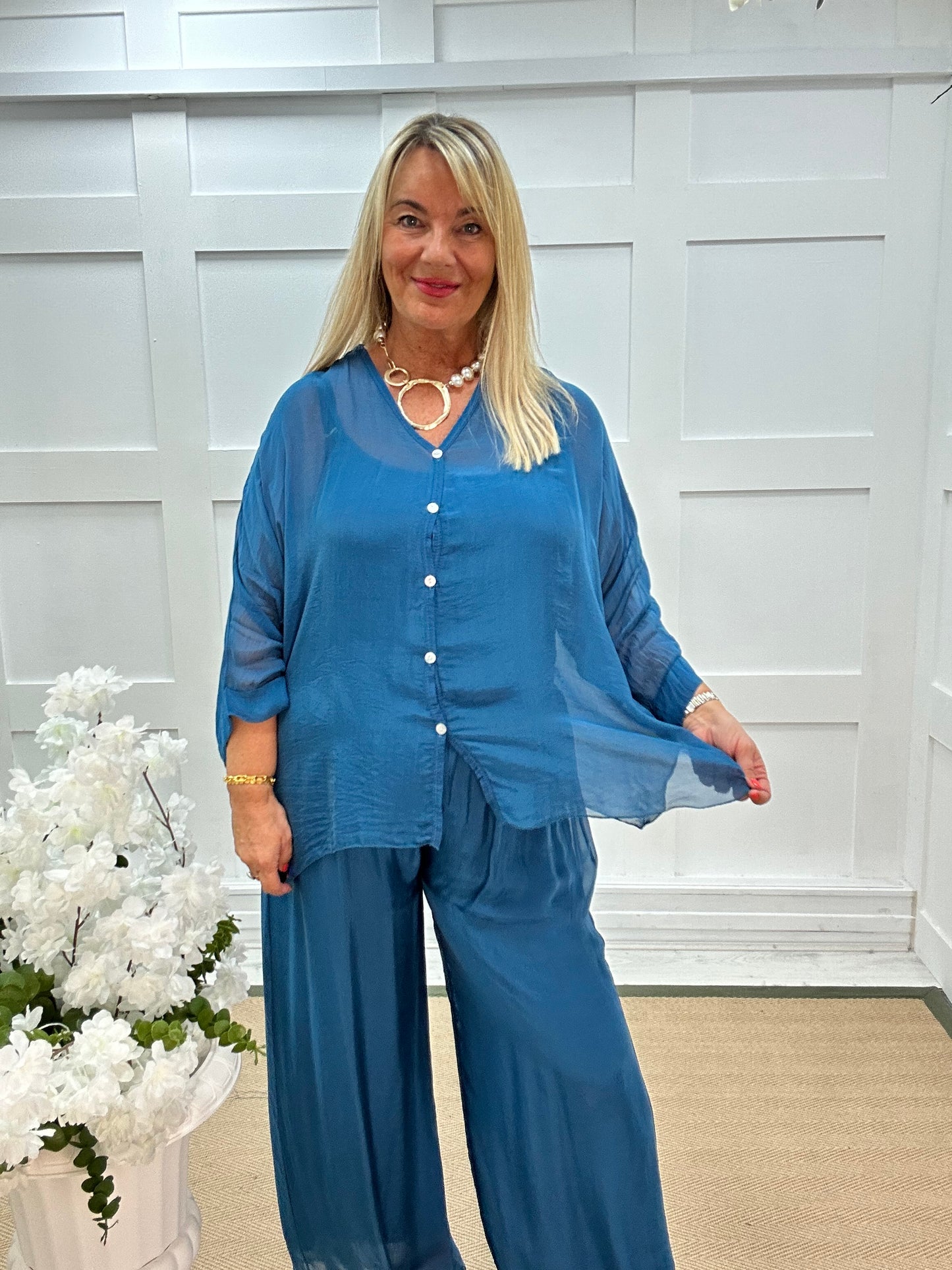 Venice: Teal silk wide leg trousers. One size: 12-20