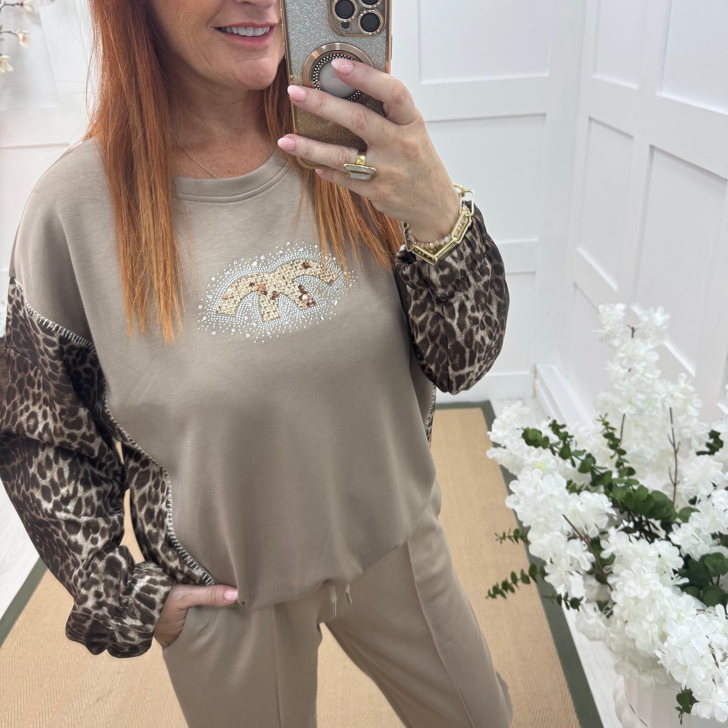 Maya: Taupe leopard print diamanté logo sweatshirt. One size: 14-18