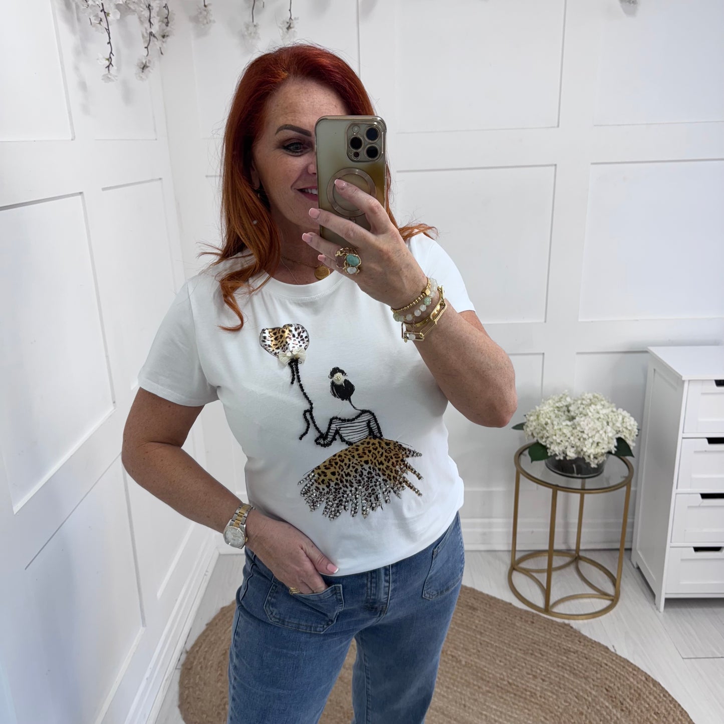 Jenn: White & leopard diamanté’ ballerina T shirt. 2 sizes