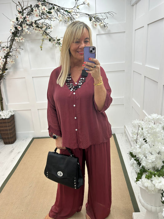 Vienna: Burgundy V neck silk long sleeve top. One size: 12-20