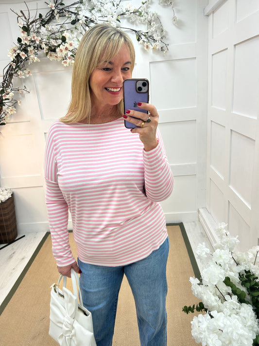 Saffi: Pink thin stripe T shirt top. One size: 14-18