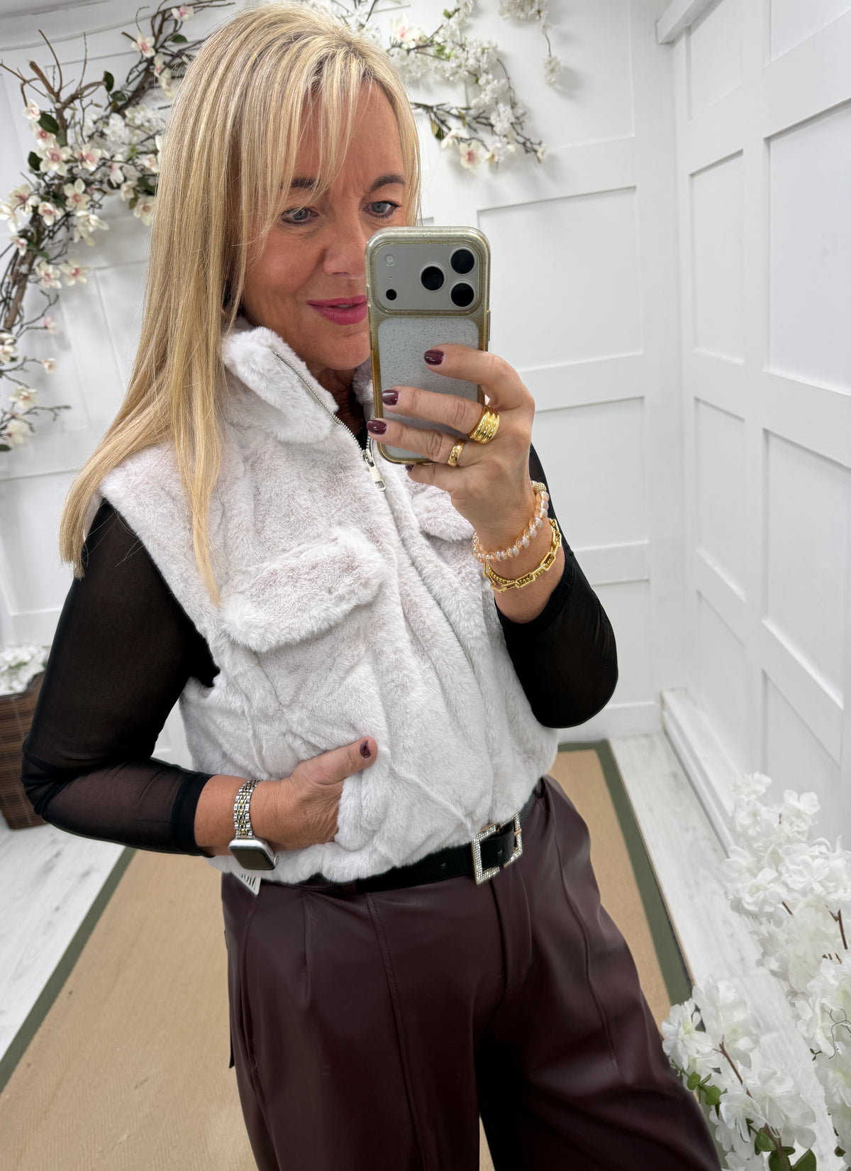 Georgie: Faux fur gilet with chest pockets. One size: 10-16. 2 colours