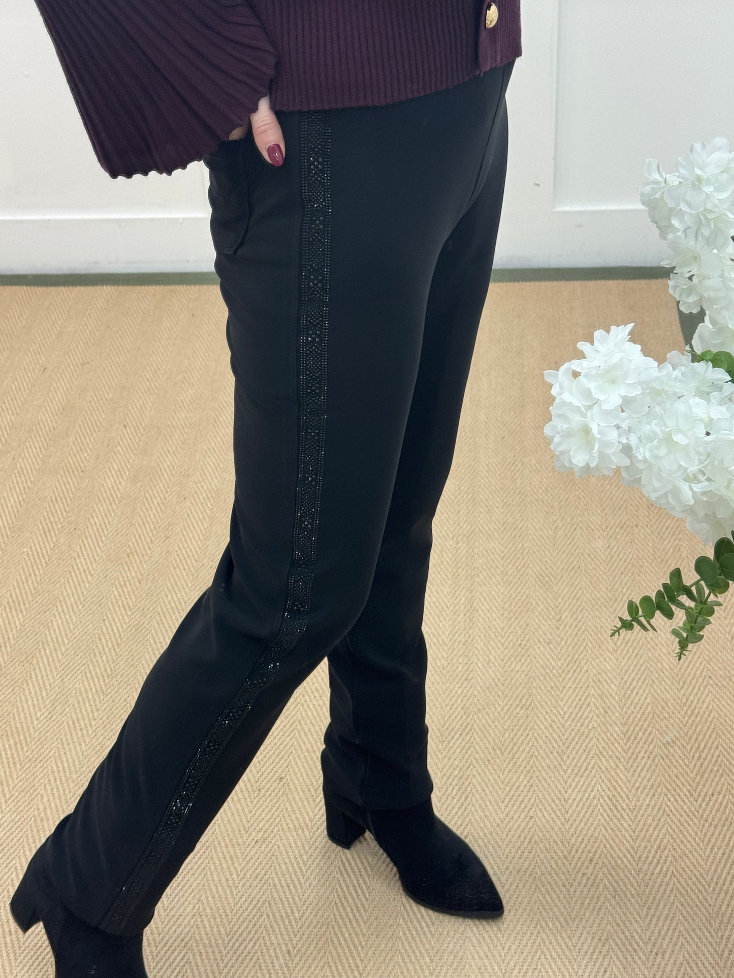 Sienna: Black stretchy diamanté stripe trousers. 5 sizes