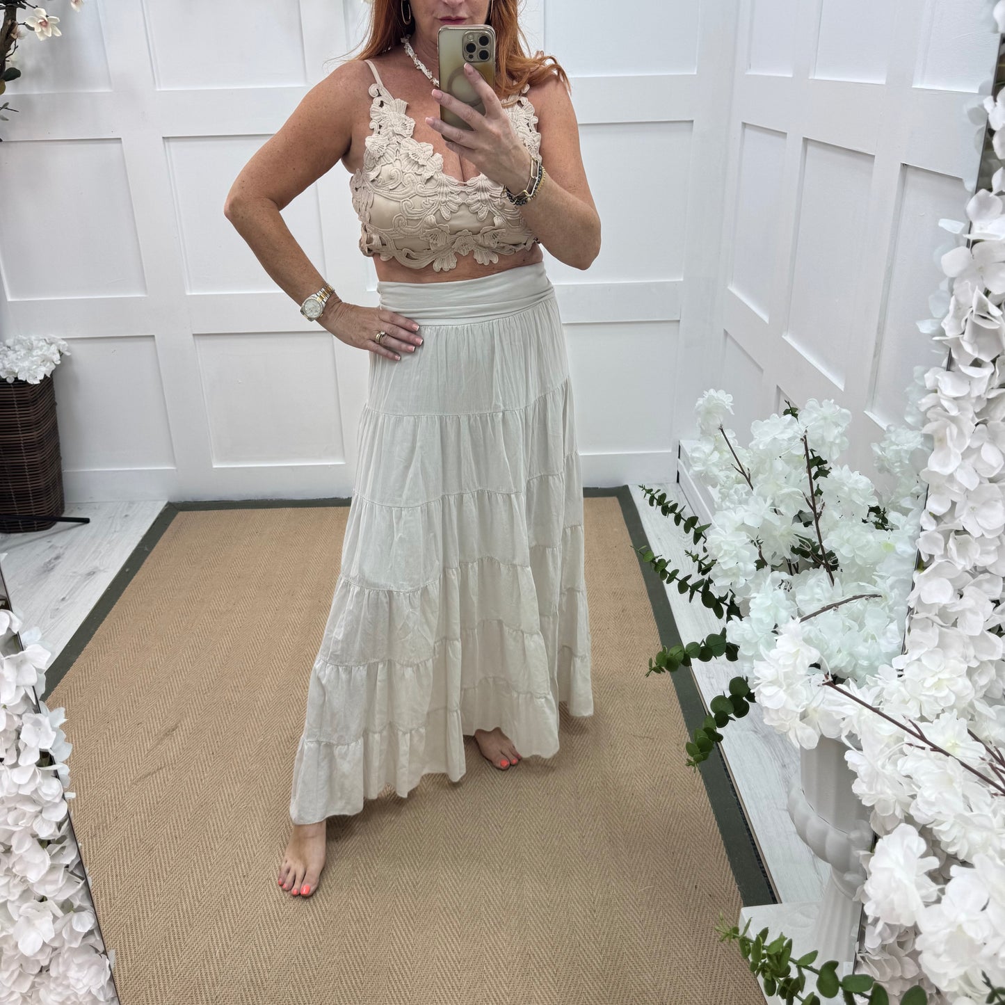 Pearl: Cream cotton tiered maxi skirt dress. One size: 10-16