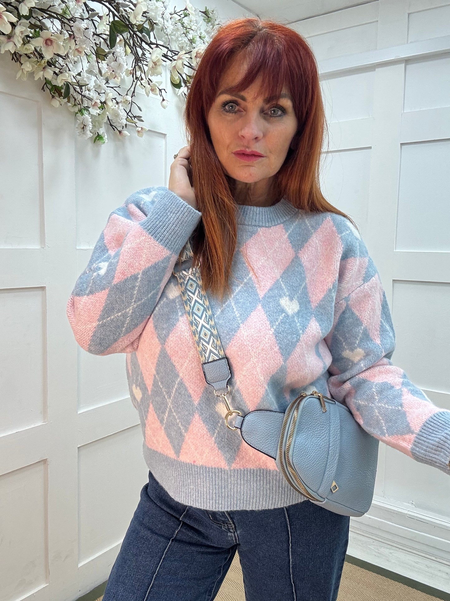 Allana: Baby blue & pink argyle knit top. One size: 10-18