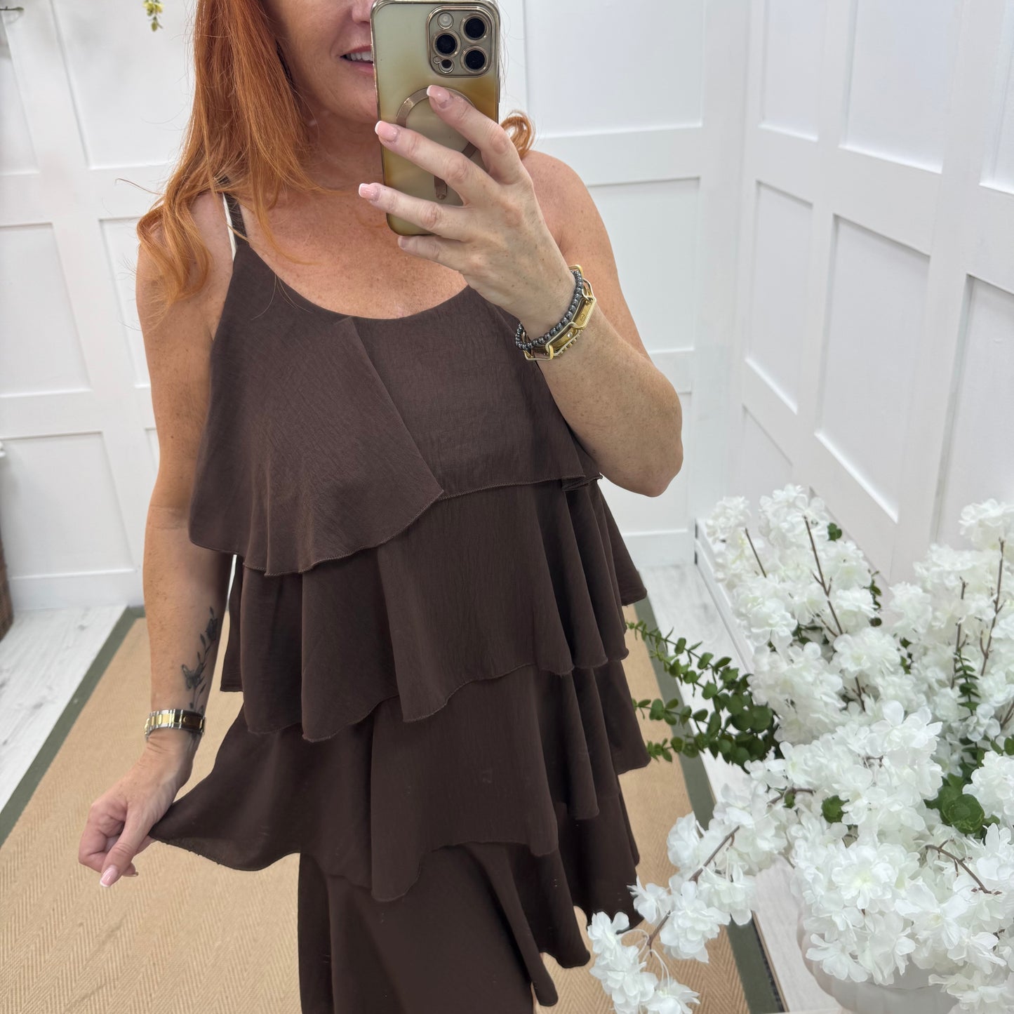 Rachel: Brown short tiered rara dress. One size 8-16