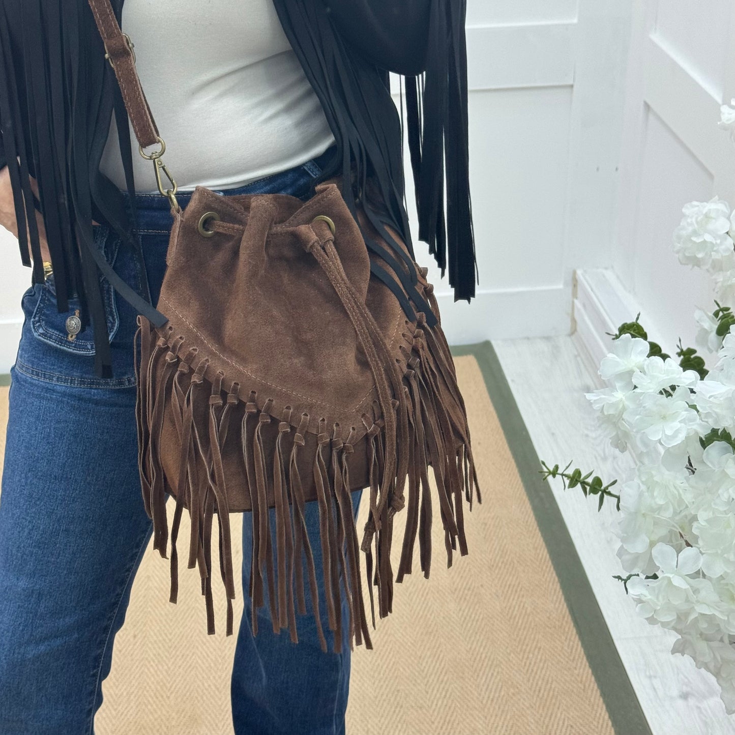 Athena: Brown real suede fringe cross body bag.