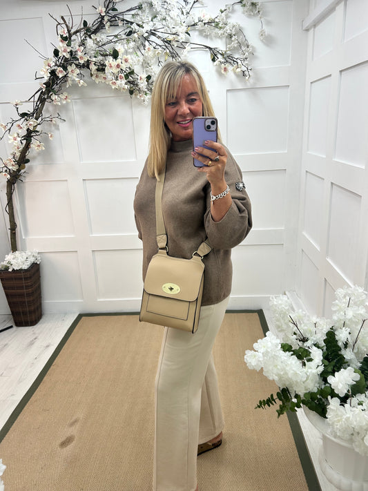 Nikita: Mocha cashmere rhinestone top. One Sz: 12-18