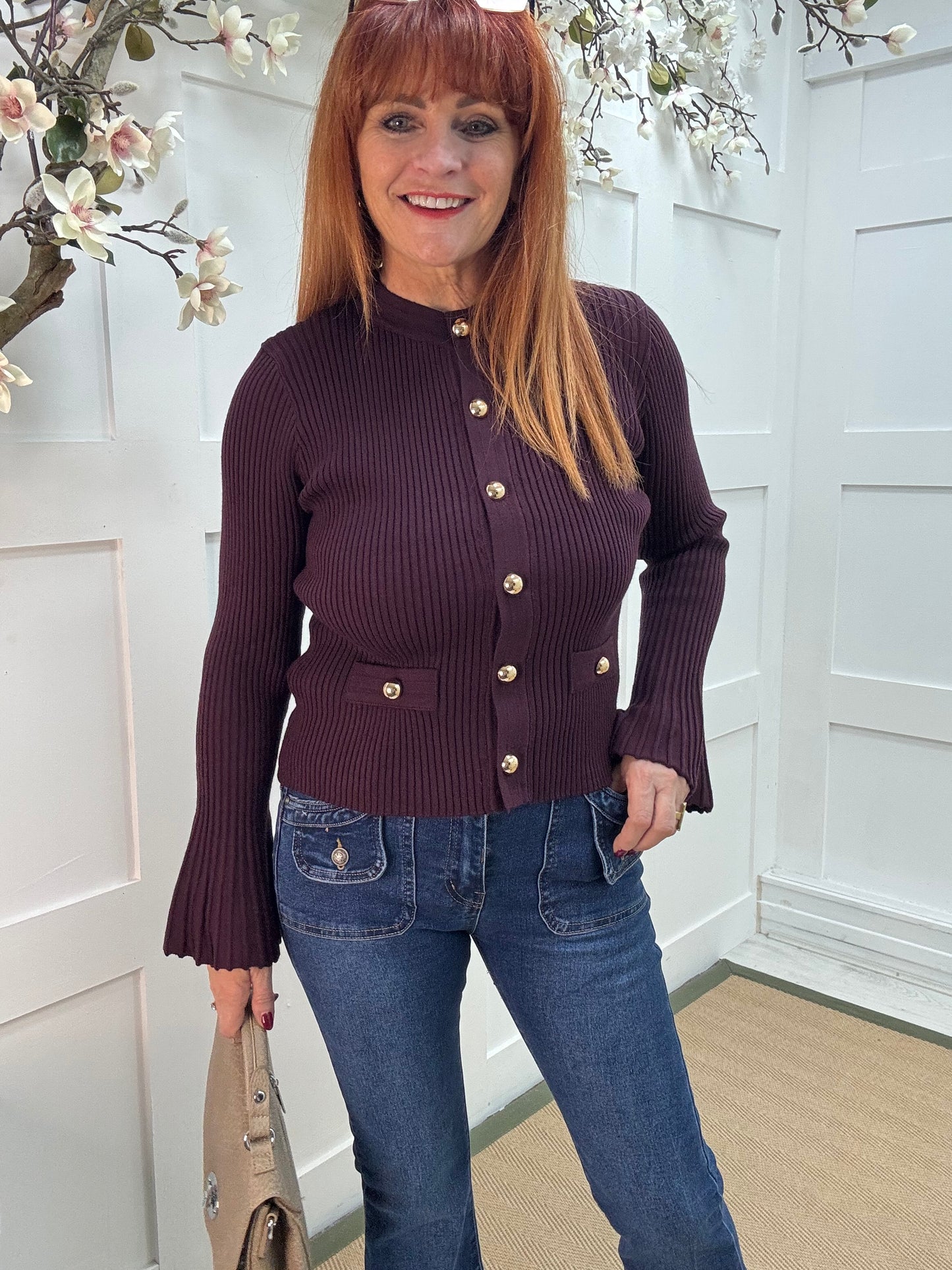 Verity: Burgundy gold button cardigan top. One Sz: 10-16