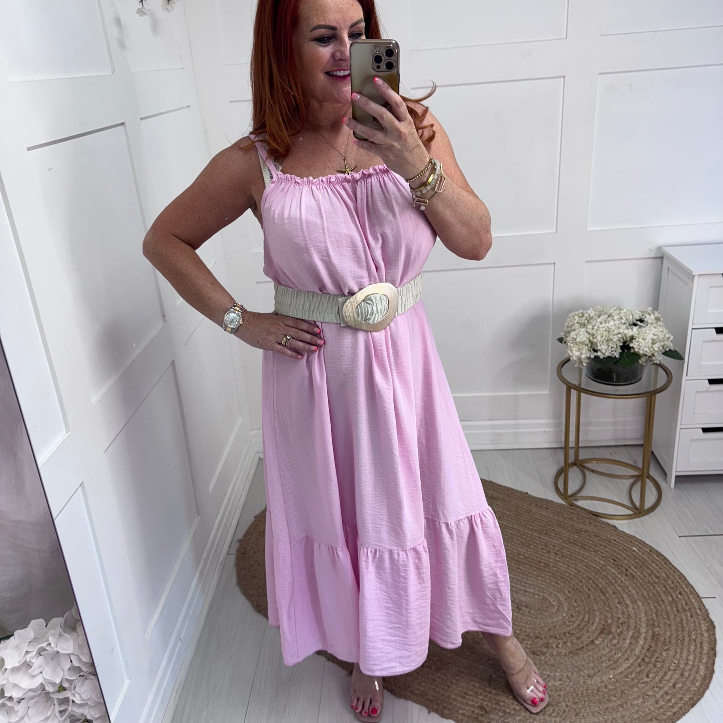 Darcie: Pink green strappy maxi dress. One size 14-22