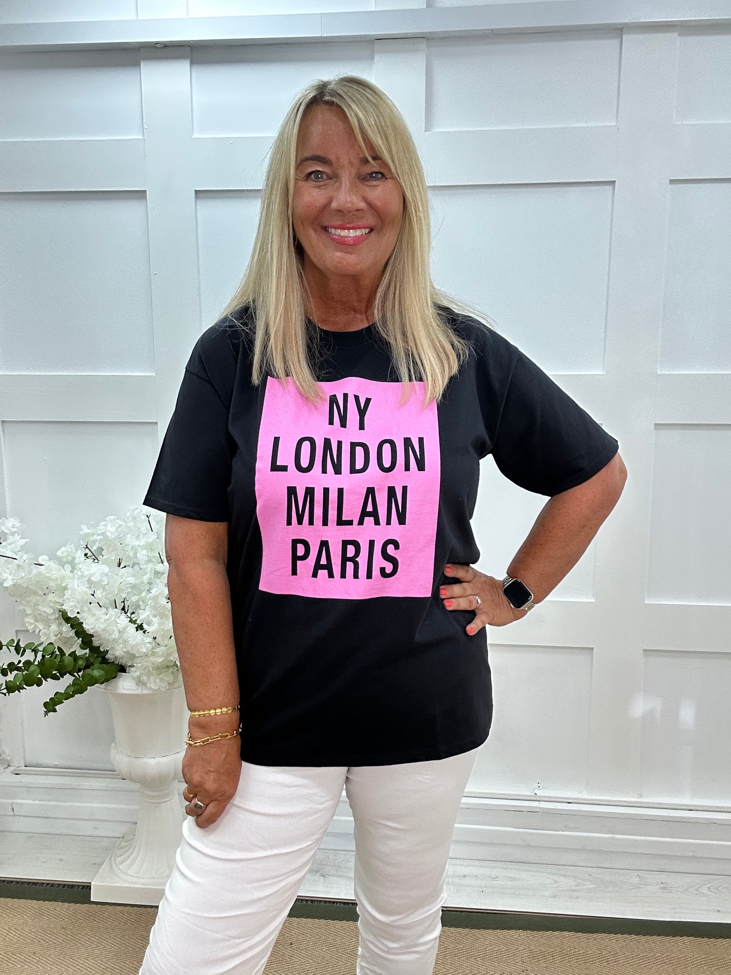Lisa: Black London New York Paris T shirt. 3 sizes