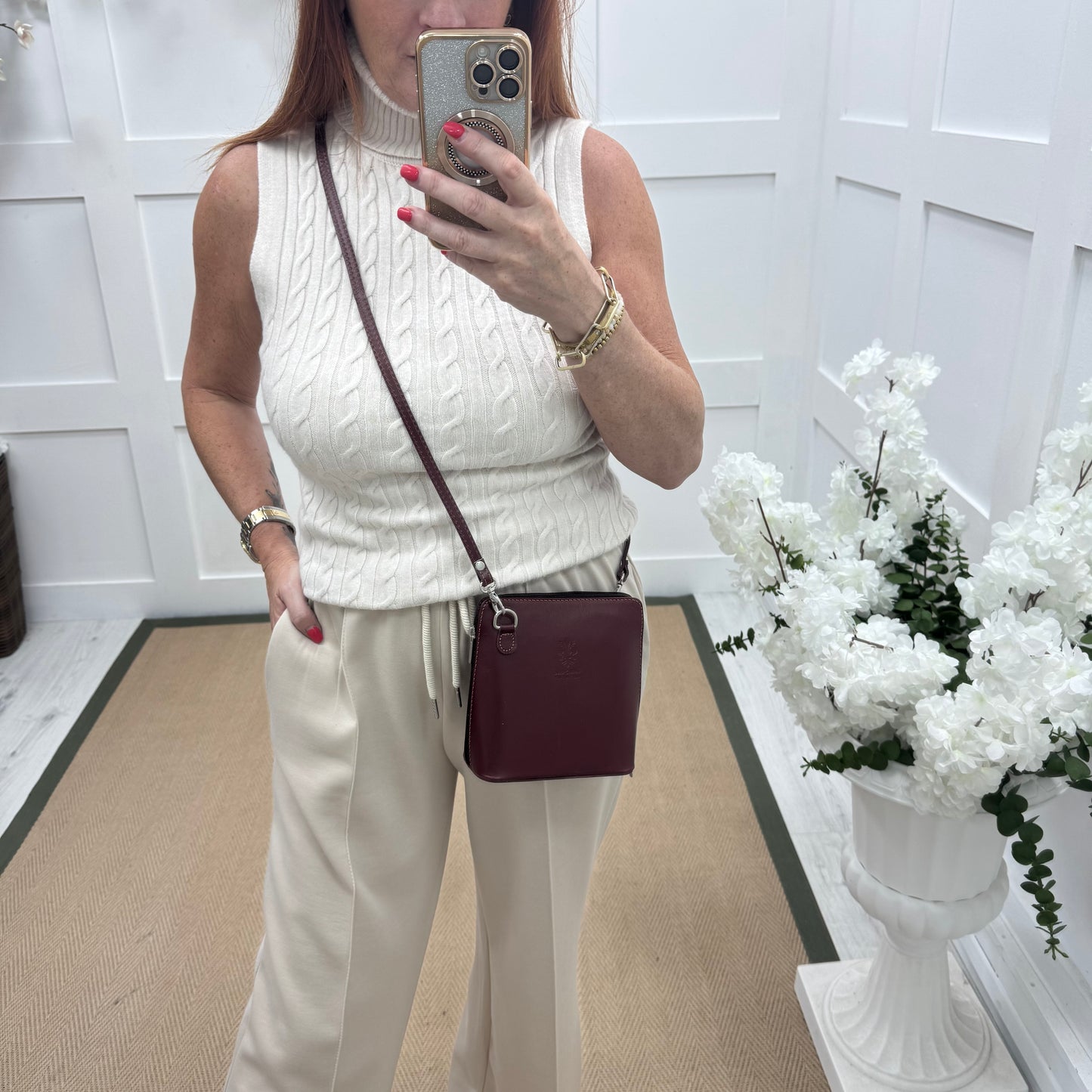 Thea: Burgundy leather cross body/clutch bag.