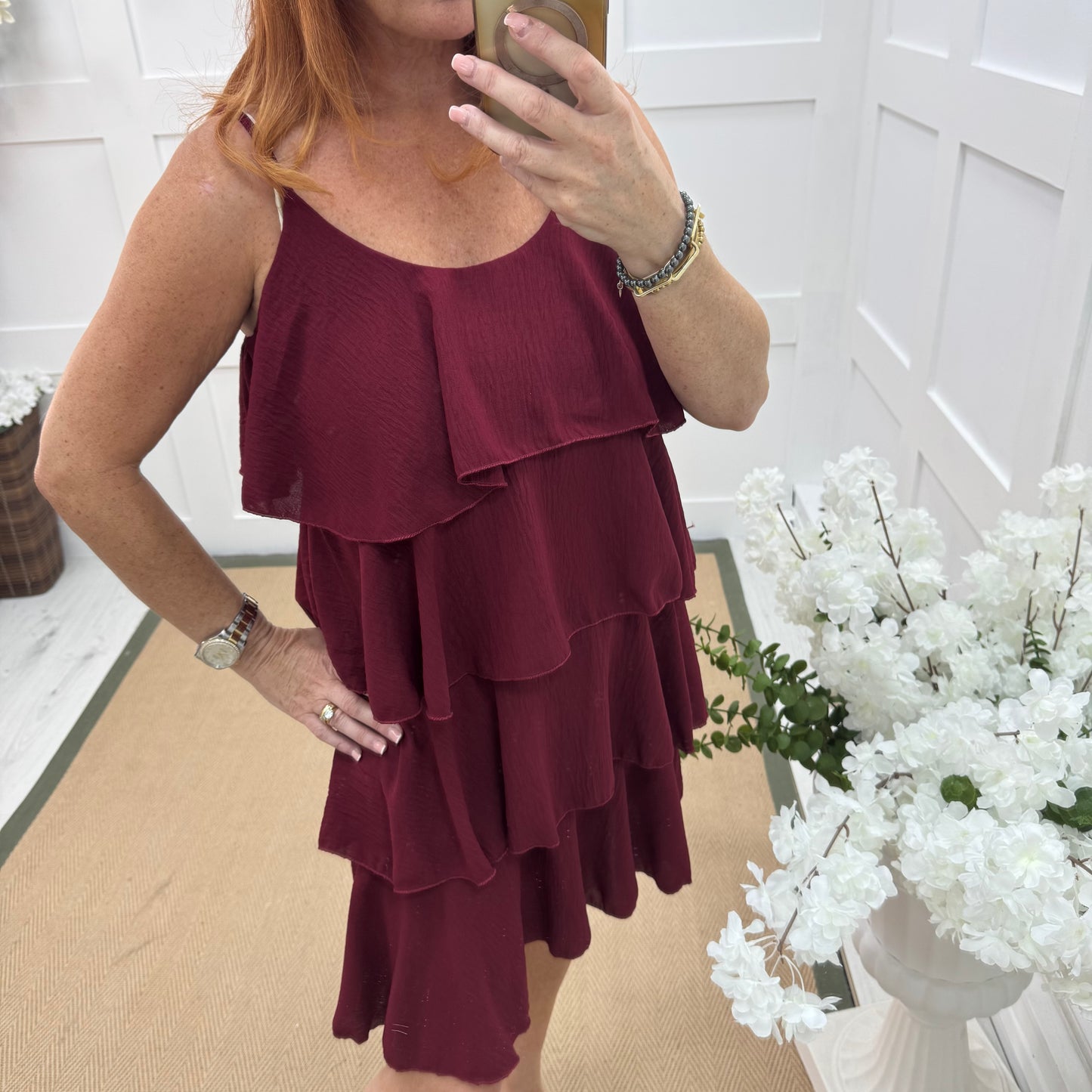 Rachel: Burgundy short tiered rara dress. One size 8-16
