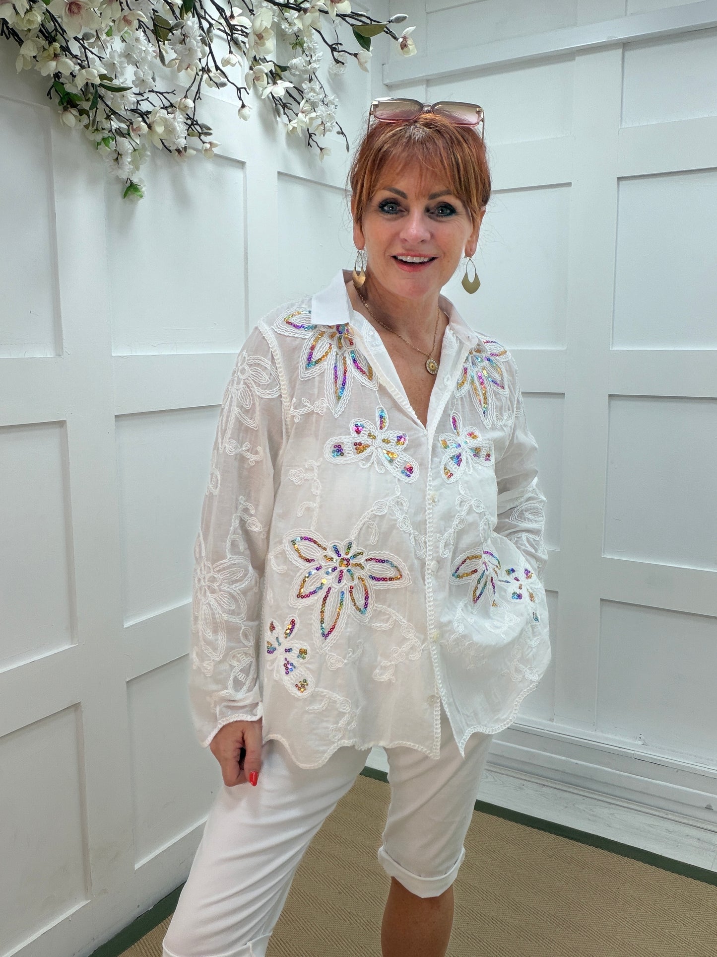 Emily: White floral embroidered sequin shirt. One size: 10-16