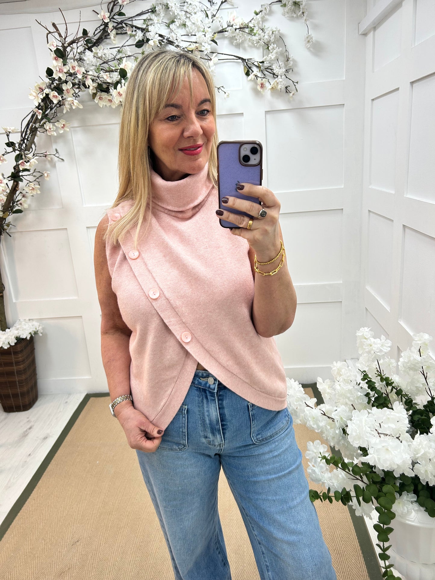 Carmen: Pink sleeveless cowl neck wrap top. One Sz: 10- 16