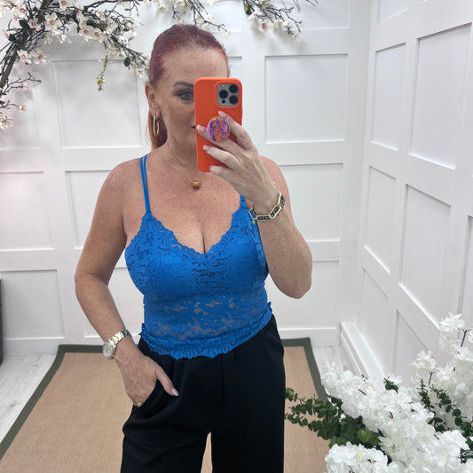 Fifi: Electric blue strappy lace bralette. One size 8-12