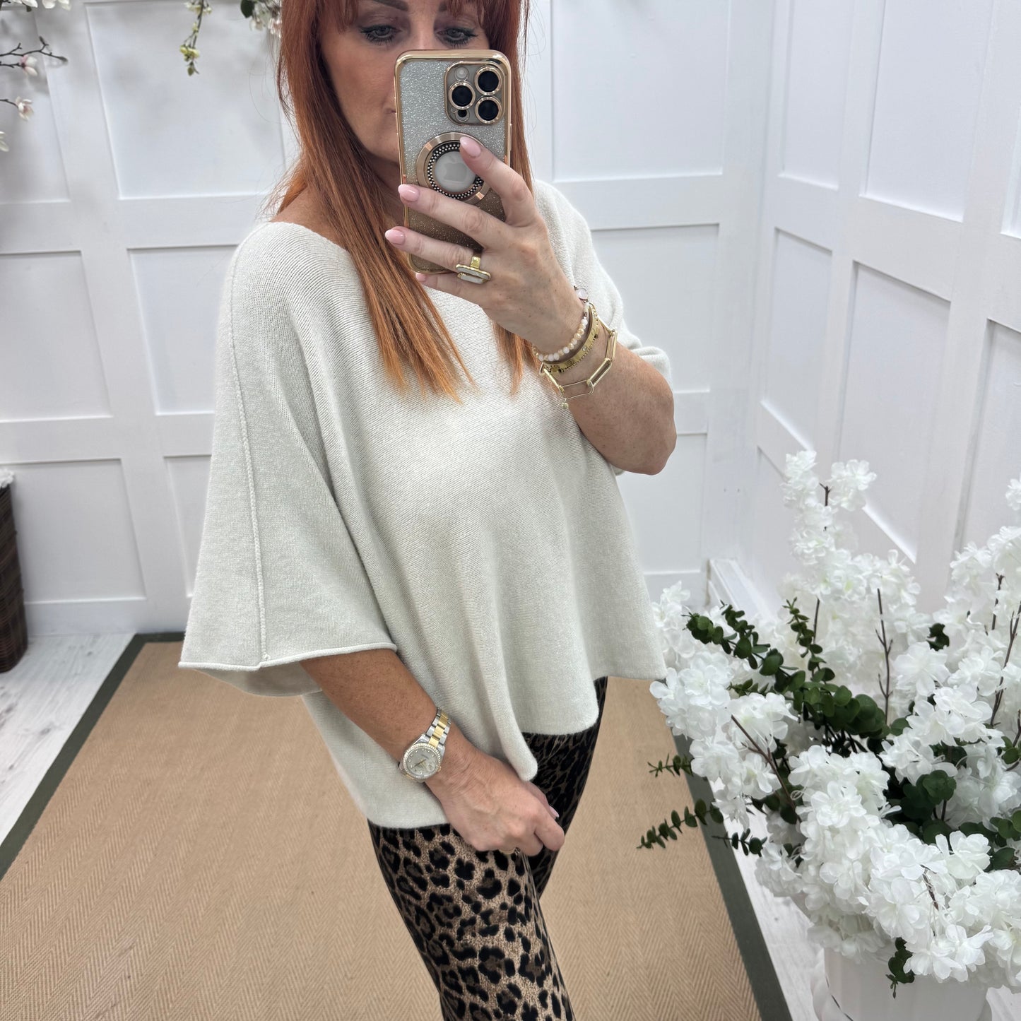 Carys: Cream short knitted top. One size: 12-18