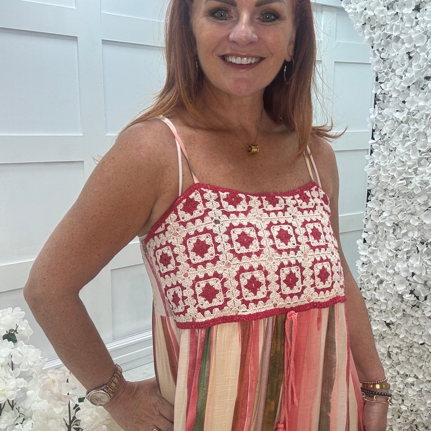 Aurora: Vibrant coral crochet & stripe midi dress. One Size: 8-12