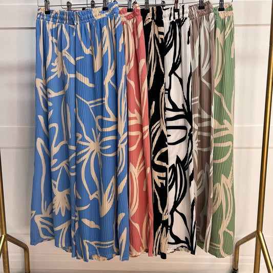 Gigi: Printed Plisse Full Length Palazzo Trousers. 2 sizes