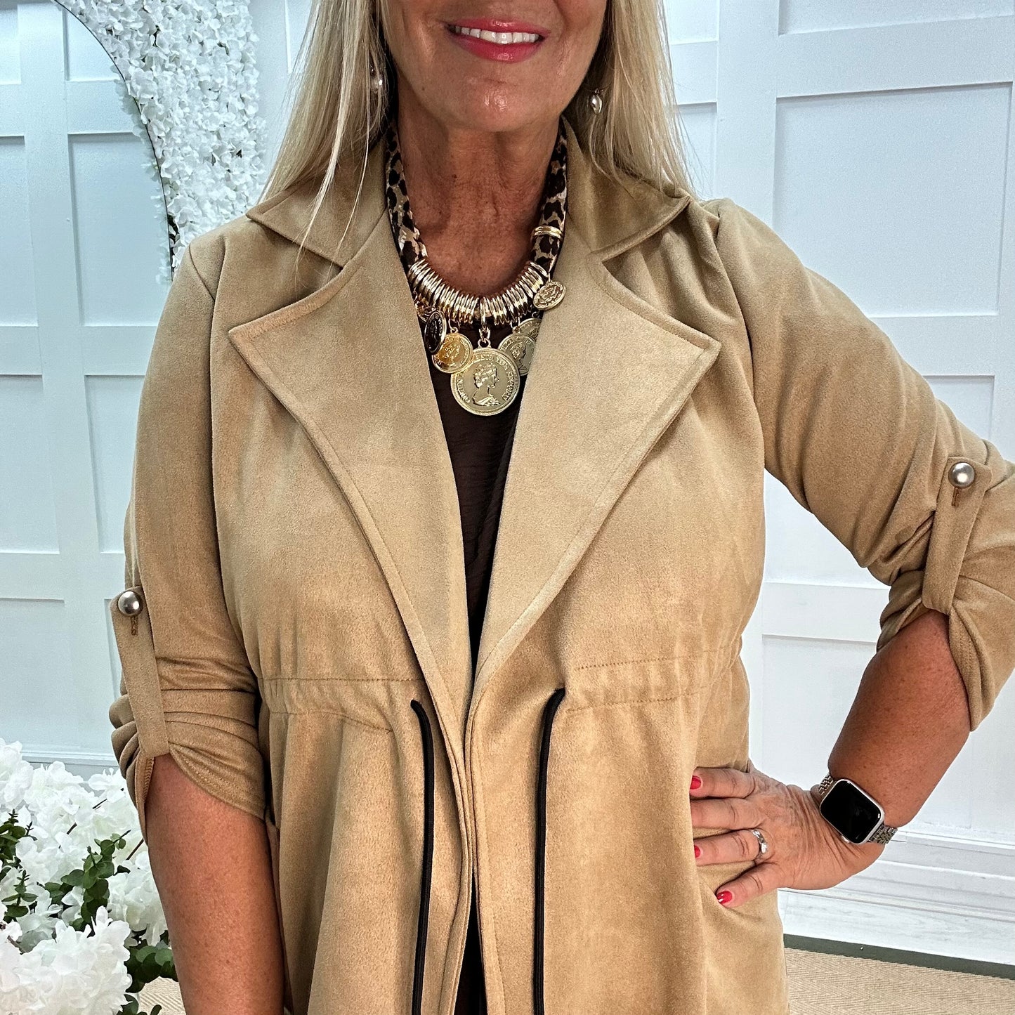 Marina: Sand long suedette trench coat. One size 12-18