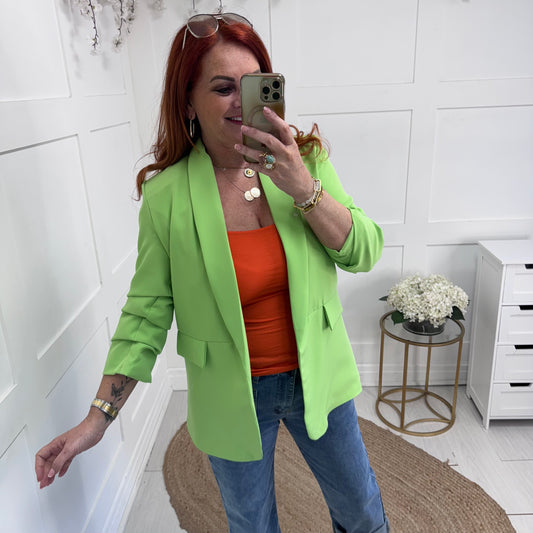Jody: Lime ruched sleeve blazer. Sizes 10-18