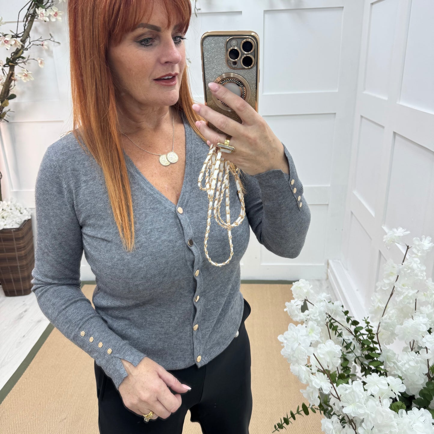 Katy: Grey V neck button sleeve top/cardigan. 2 sizes