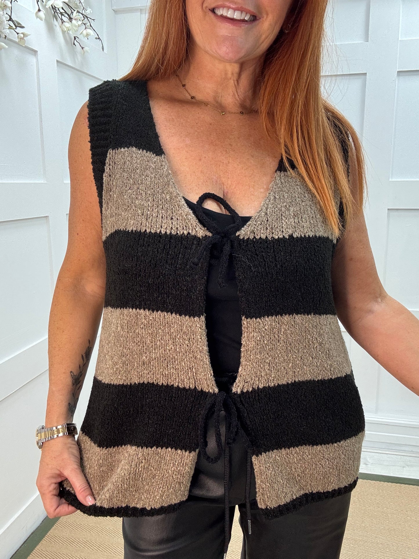 Ava: Black & mocha stripe knitted tie front waistcoat. One size: 12-18