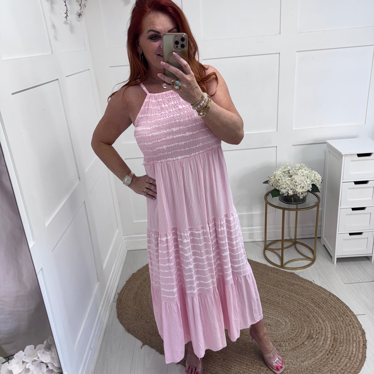 Serena: Pink strappy striped midi dress. One size: 10-14