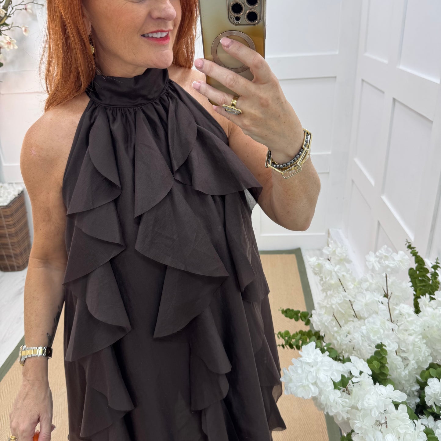 Kiki: Brown ruffle knee length dress. One size 10-16