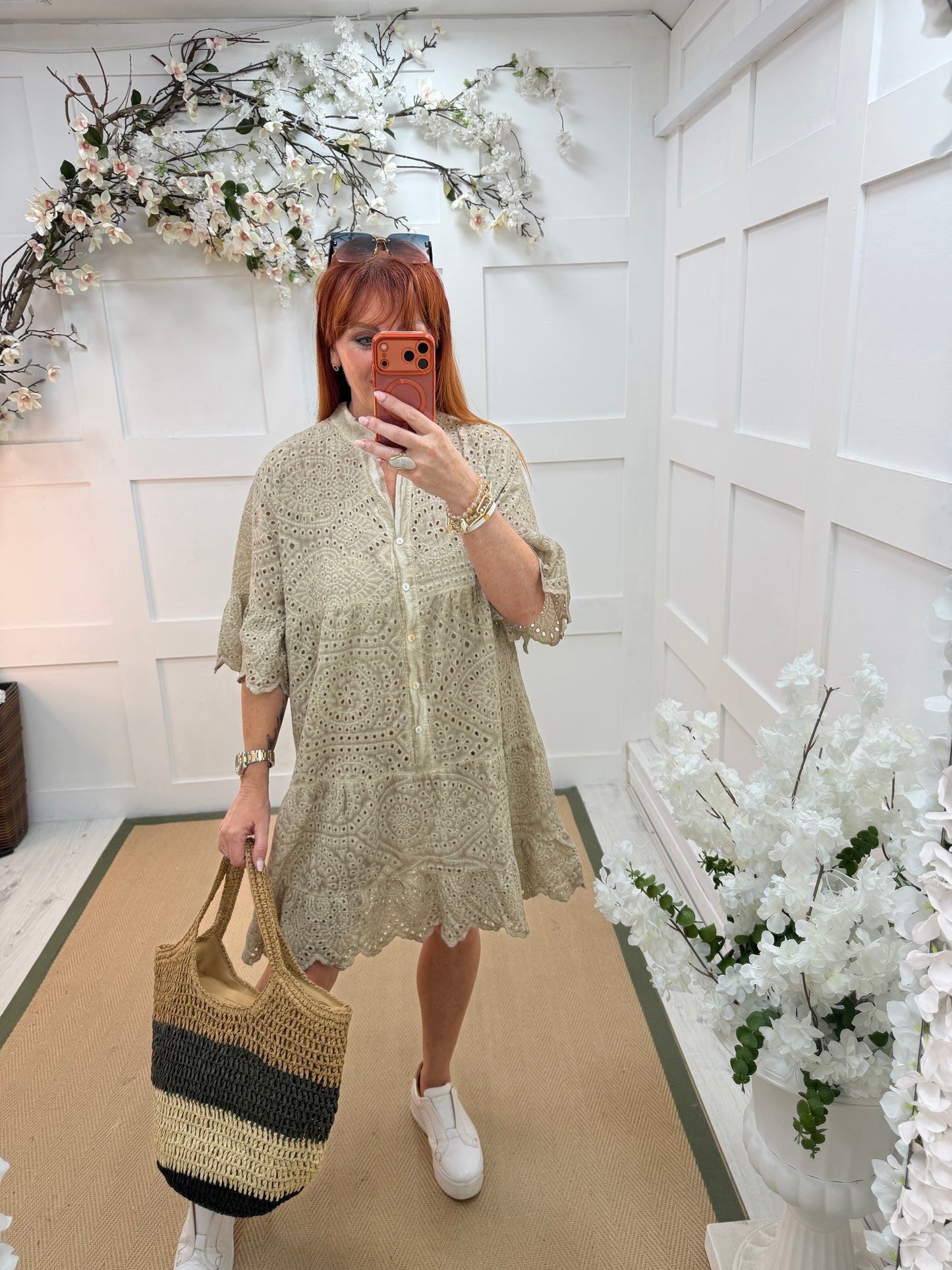 Loretta: Broderie Anglaise smock tunic dress. One size: 12-20. 3 colours