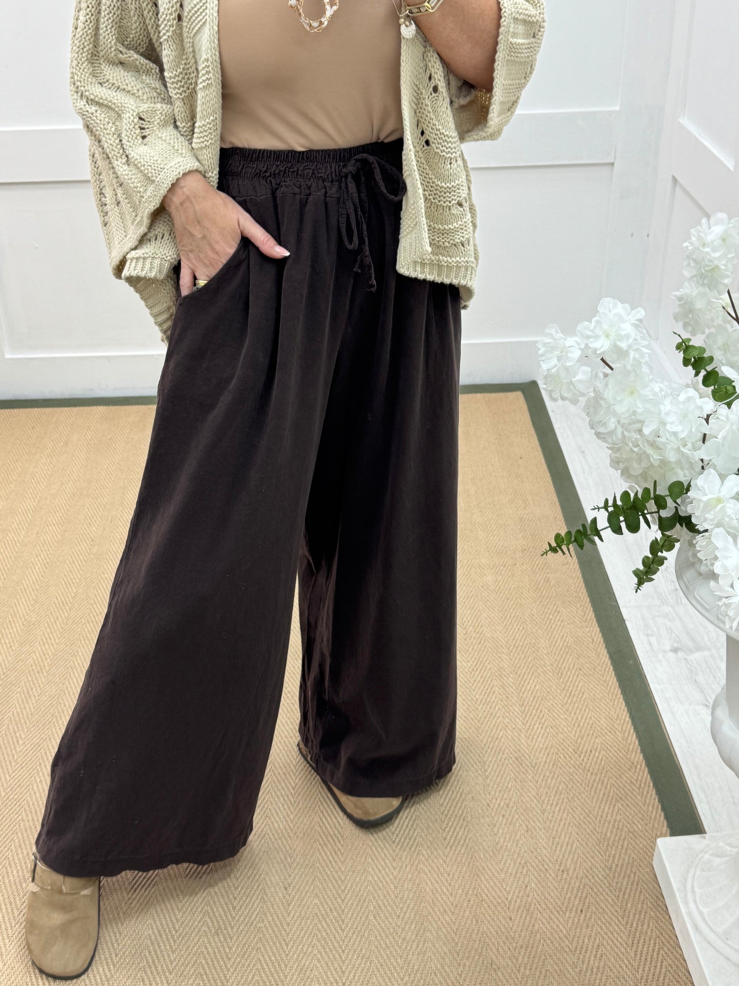 Lark: Brown needle cord wide trousers. One Size: 8-16