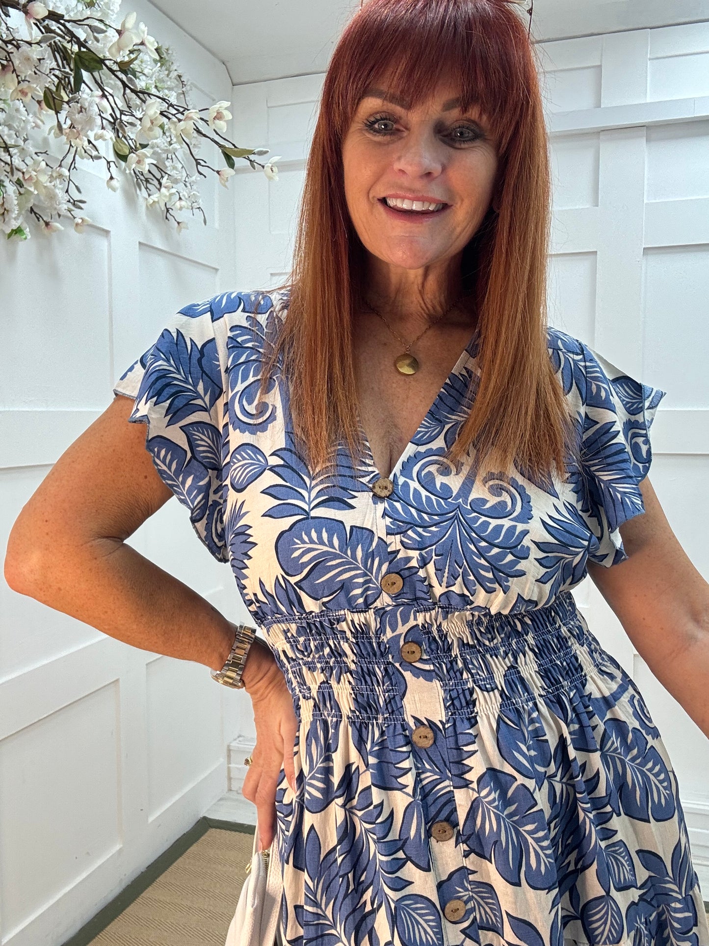 Emmy: Blue & white stretchy V neck midi dress. One size: 10-18