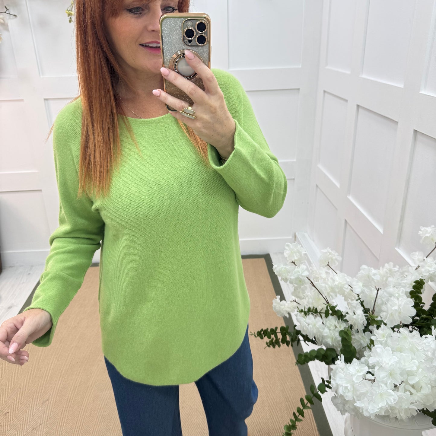 Mindy: Lime plain long sleeve knit top. One size: 10-16/18