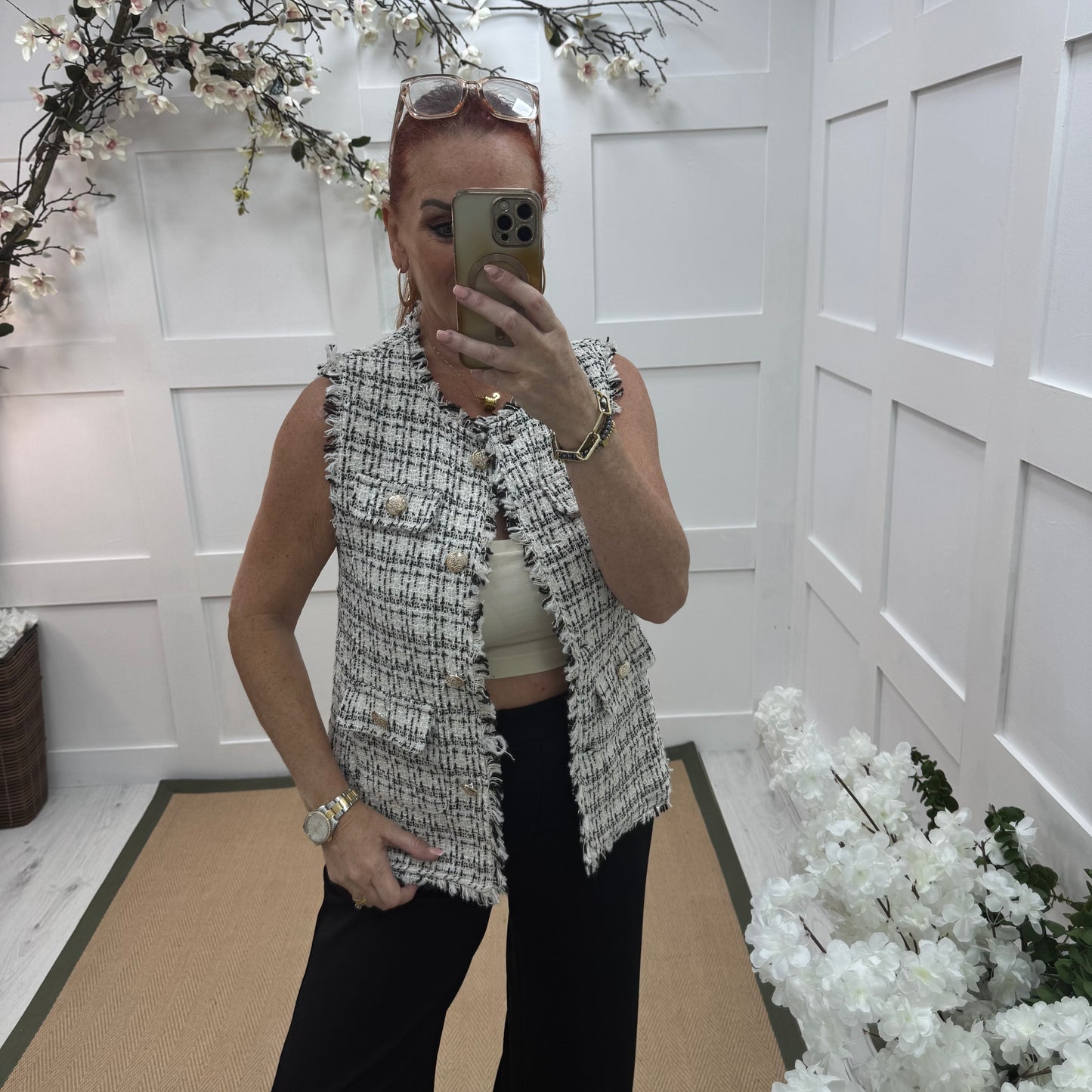 Devon: Black tweed button waistcoat. One size: 8-12