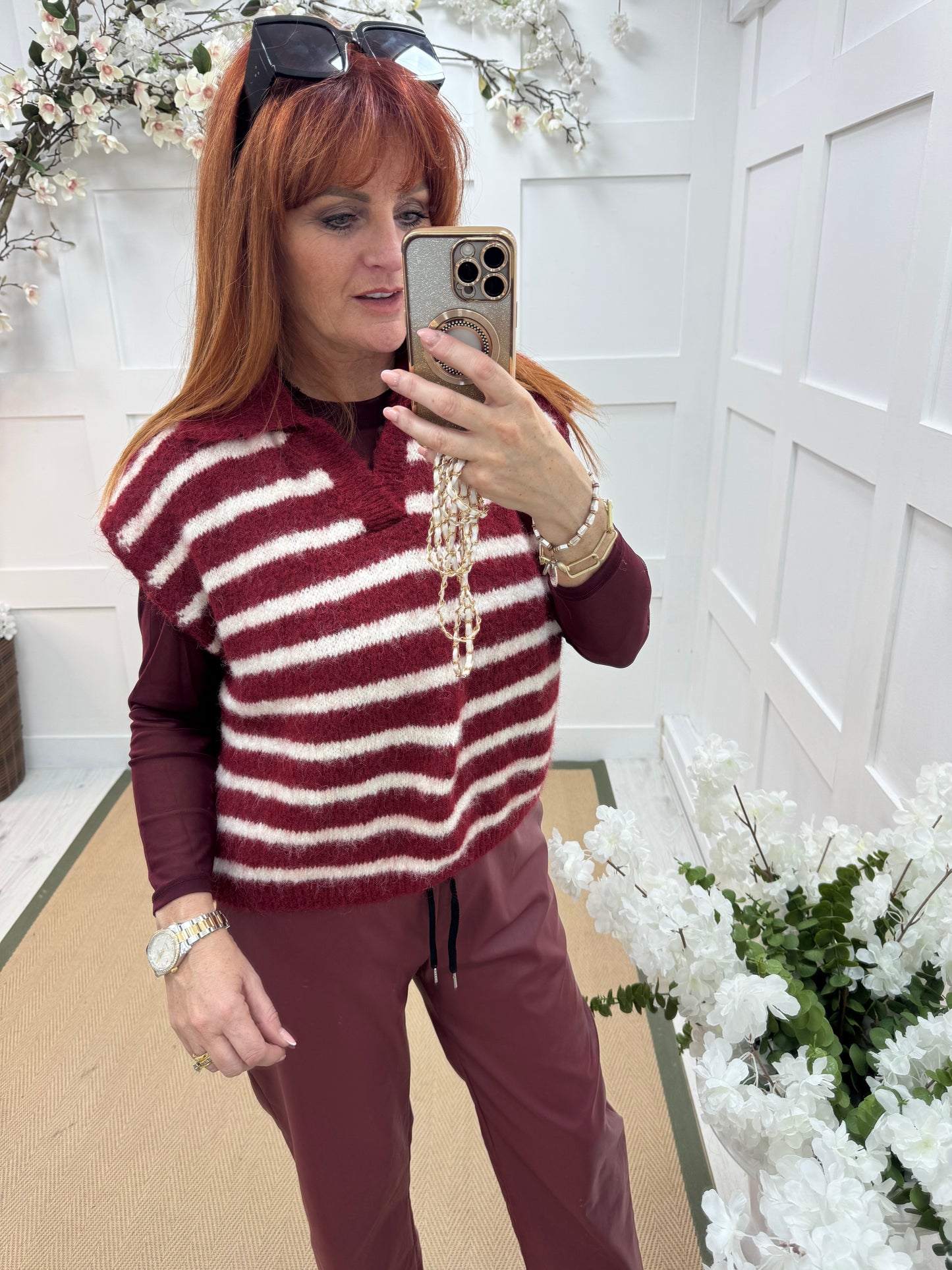 Talisa: Burgundy & cream stripe sleeveless top. One size 12-18