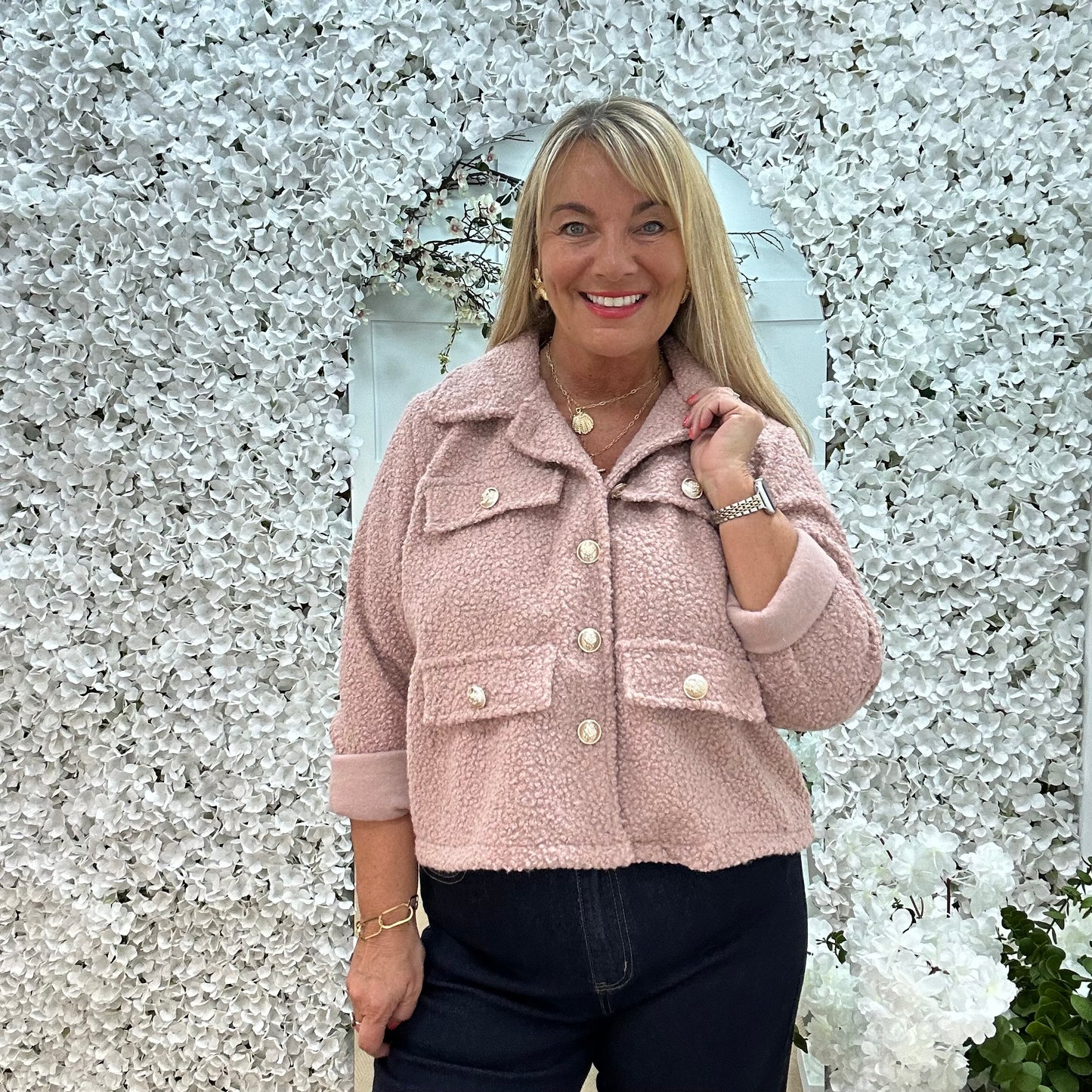 Bridget: Pink short boucle button jacket. One: 12-20