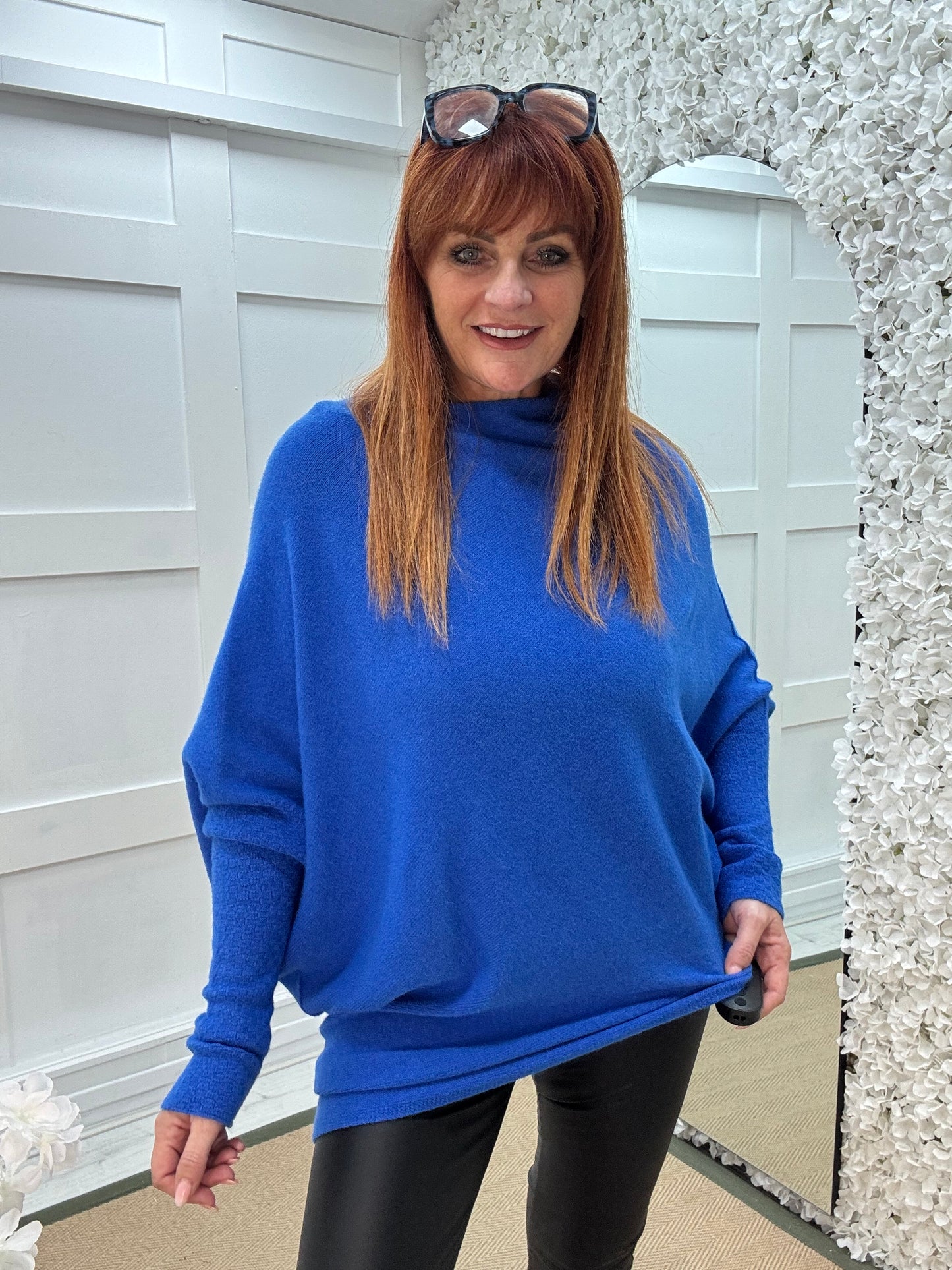 Erica: Cobalt blue asymmetrical slouch soft knit top. One size 10-18