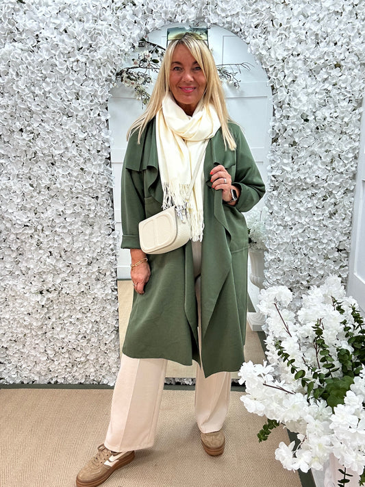 Marlowe: Khaki waterfall coat with pockets. One size 14-20