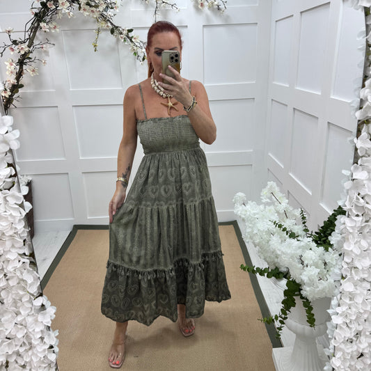 Perrie: Khaki broderie Anglaise strappy midi dress. One size: 10-18