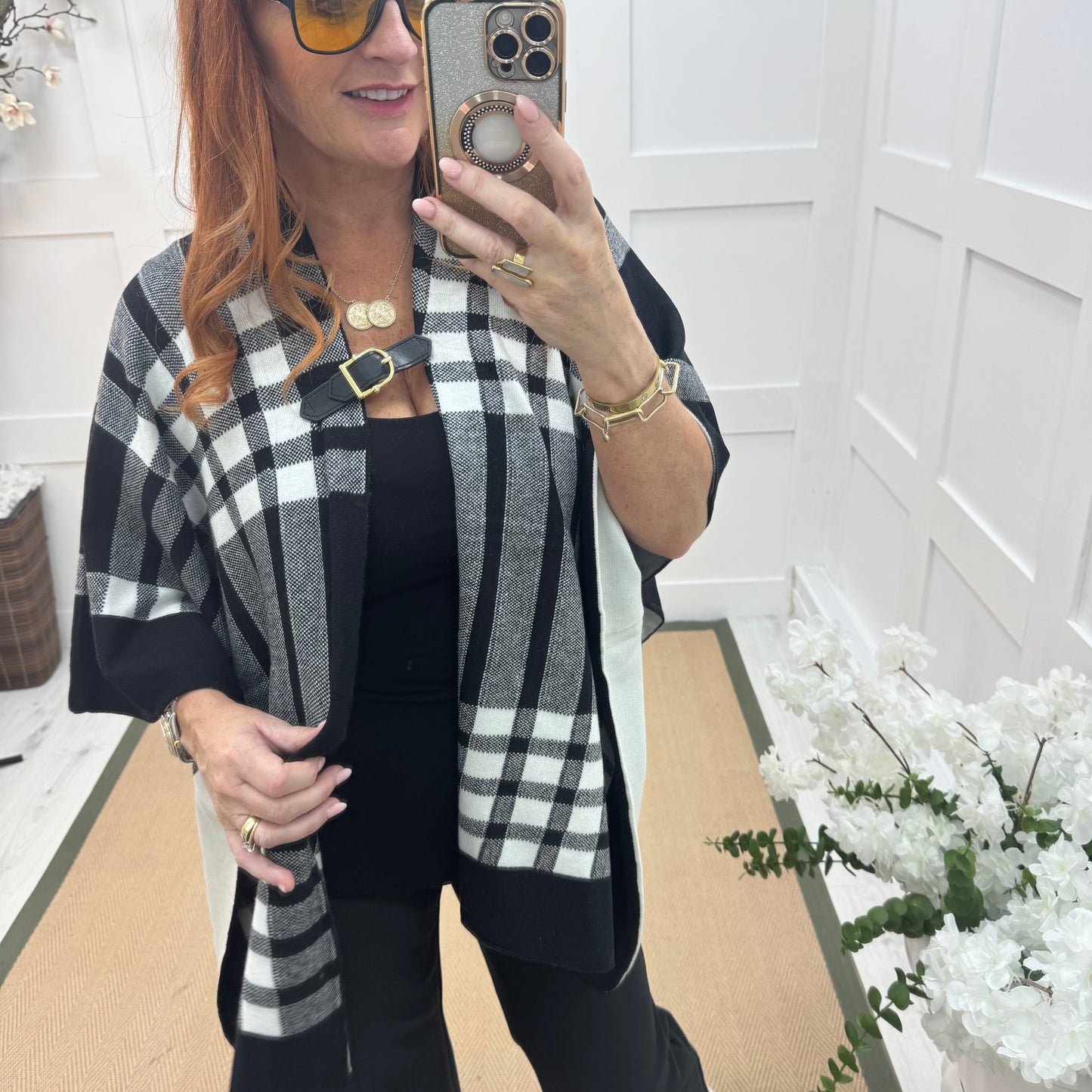 Karla: Black & white check wool cape. Free size