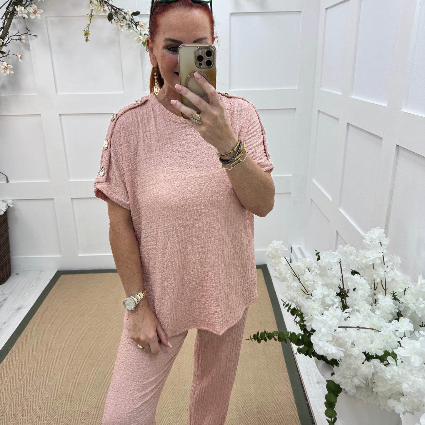 Tasha: Pink & gold button loungewear set. 2 sizes