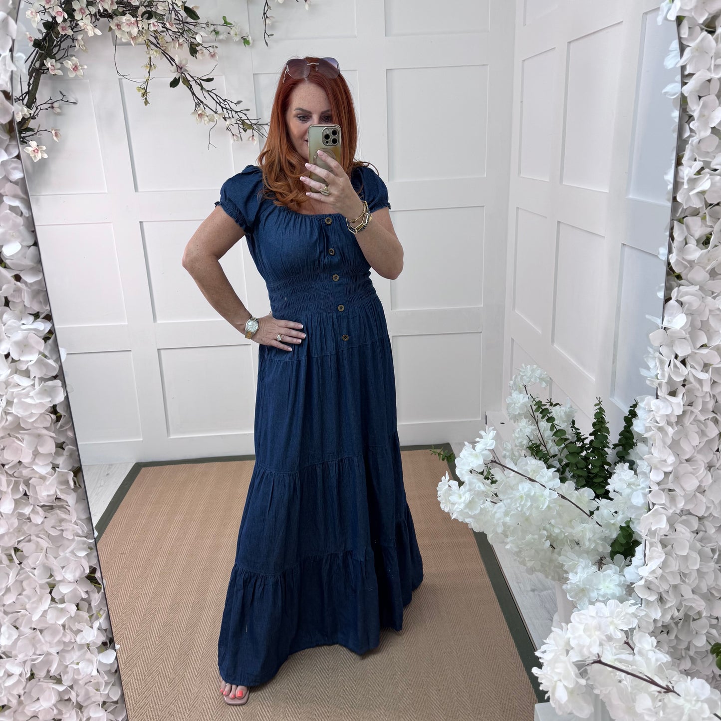 Rio: Denim bardot maxi dress. One Size 10-20