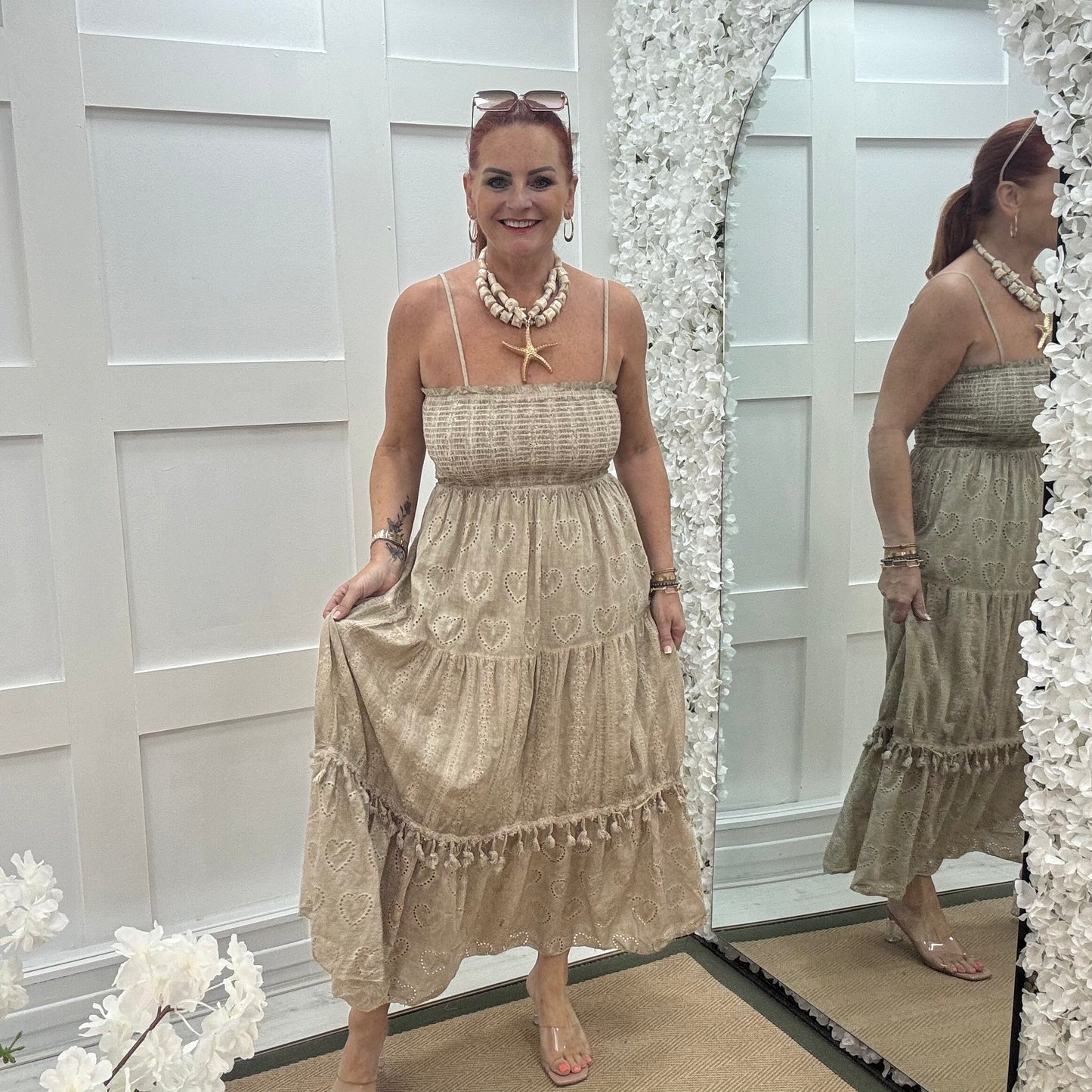 Perrie: Stone broderie Anglaise strappy midi dress. One size: 10-18