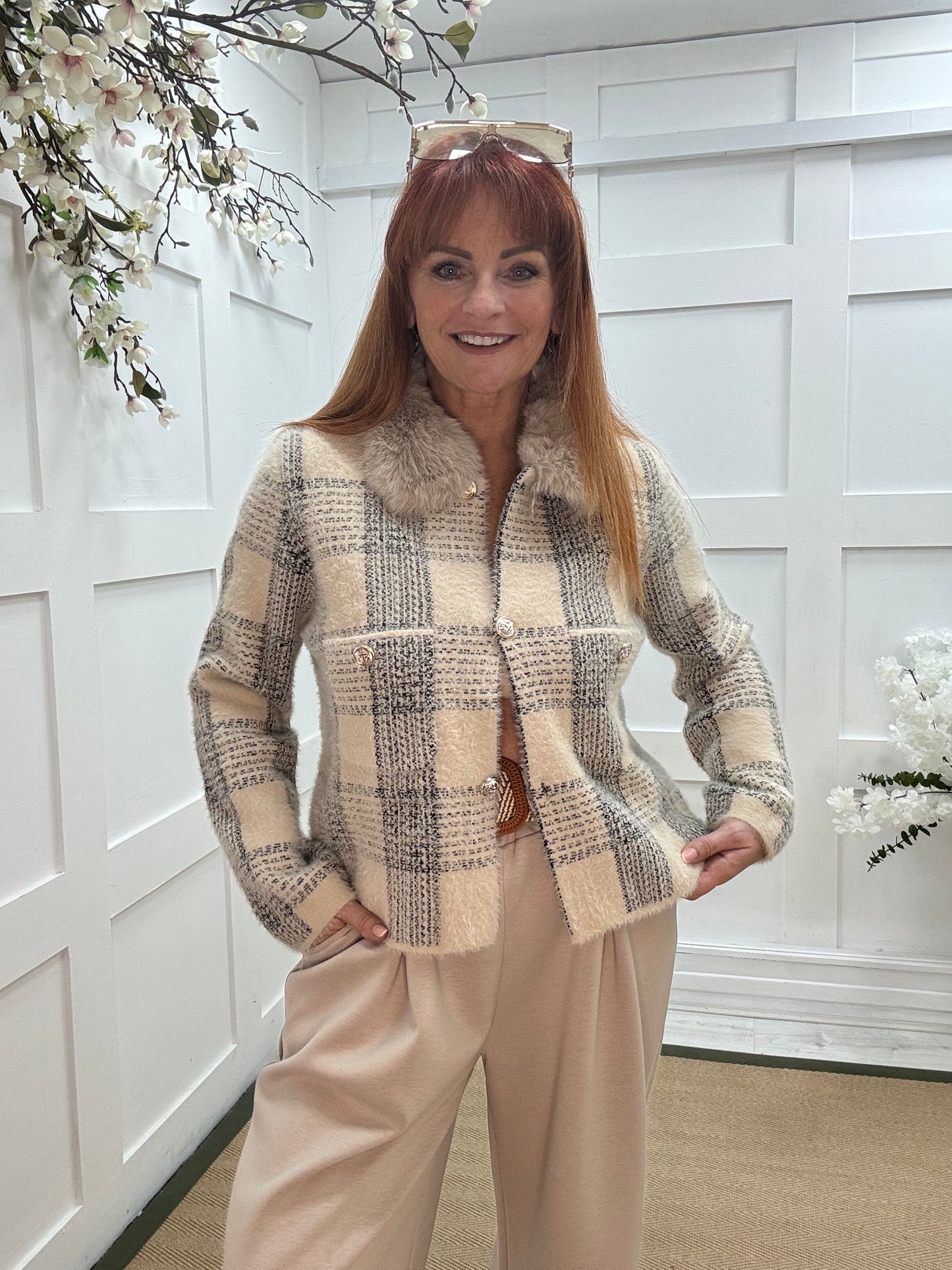 Velma: Cream check faux fur collared coatigan. One size: 12-16