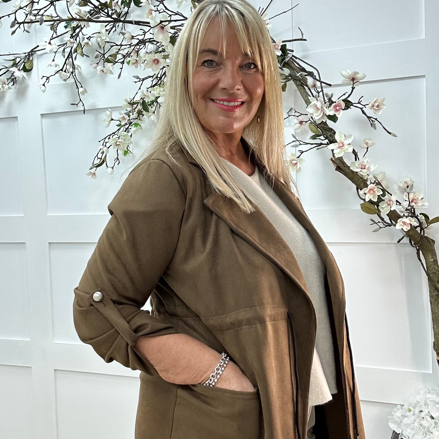 Marina: Brown long suedette trench coat. One size 12-18