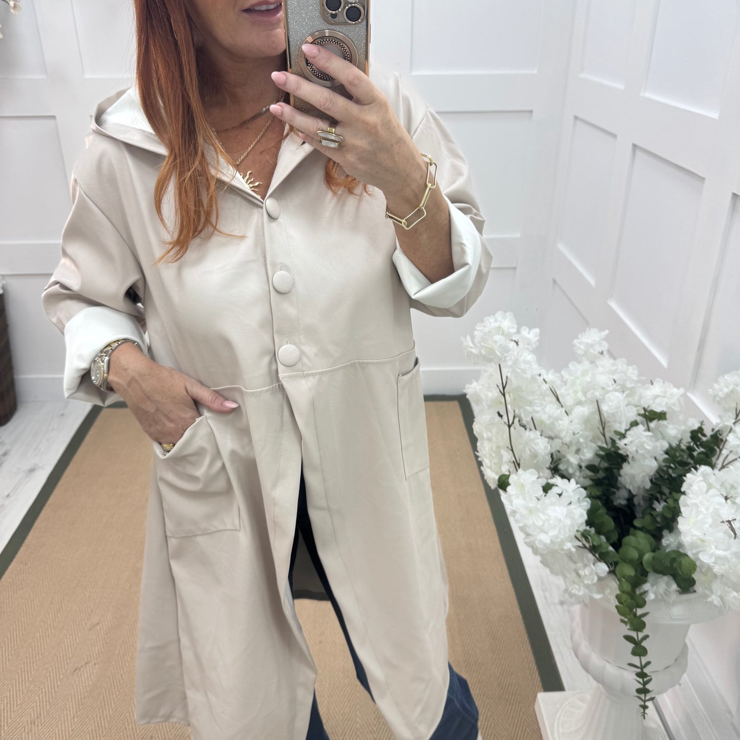 Alma: Cream long hooded raincoat. One size 12-18